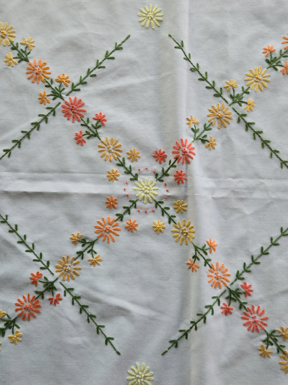 Vintage Hand-Embroidered Floral Tablecloth - Cottagecore Scalloped Edge